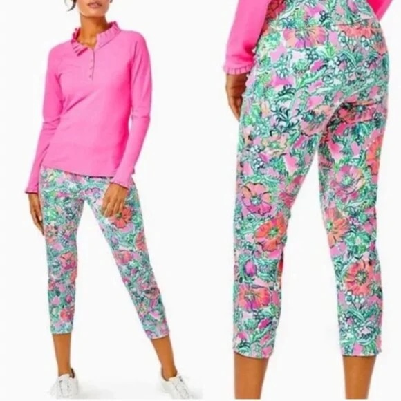 Lilly Pulitzer Preppy CORSO CROP PANT, SOLEIL PINK PERFECT POPPY GOLF Luxletic - Picture 2 of 2